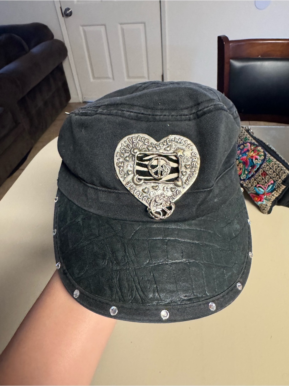 Alternative Apparel Black Studded Military Cap with Heart Emblem